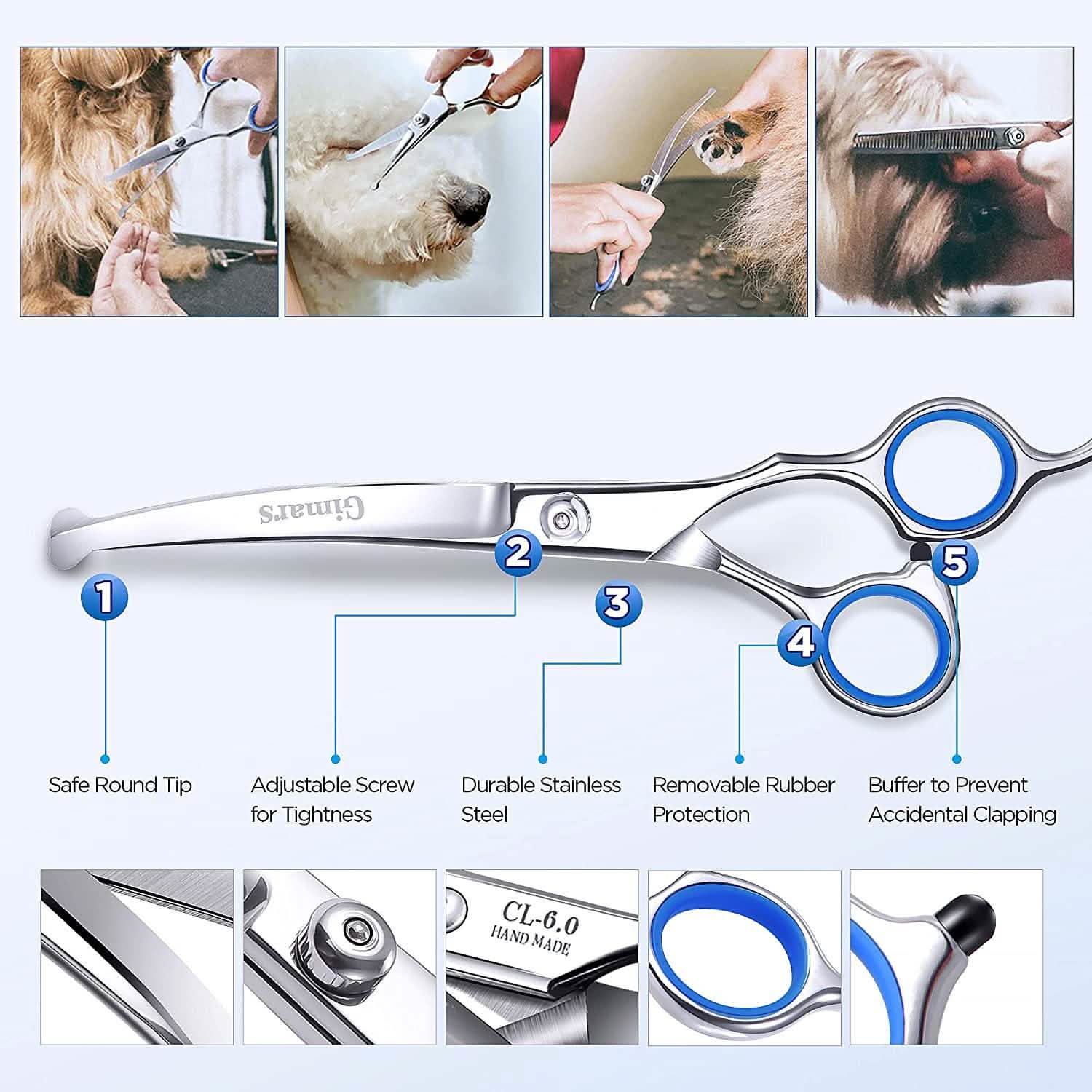 Gimars 6-in-1 Professional Stainless Steel Safety Pet Grooming Scissors